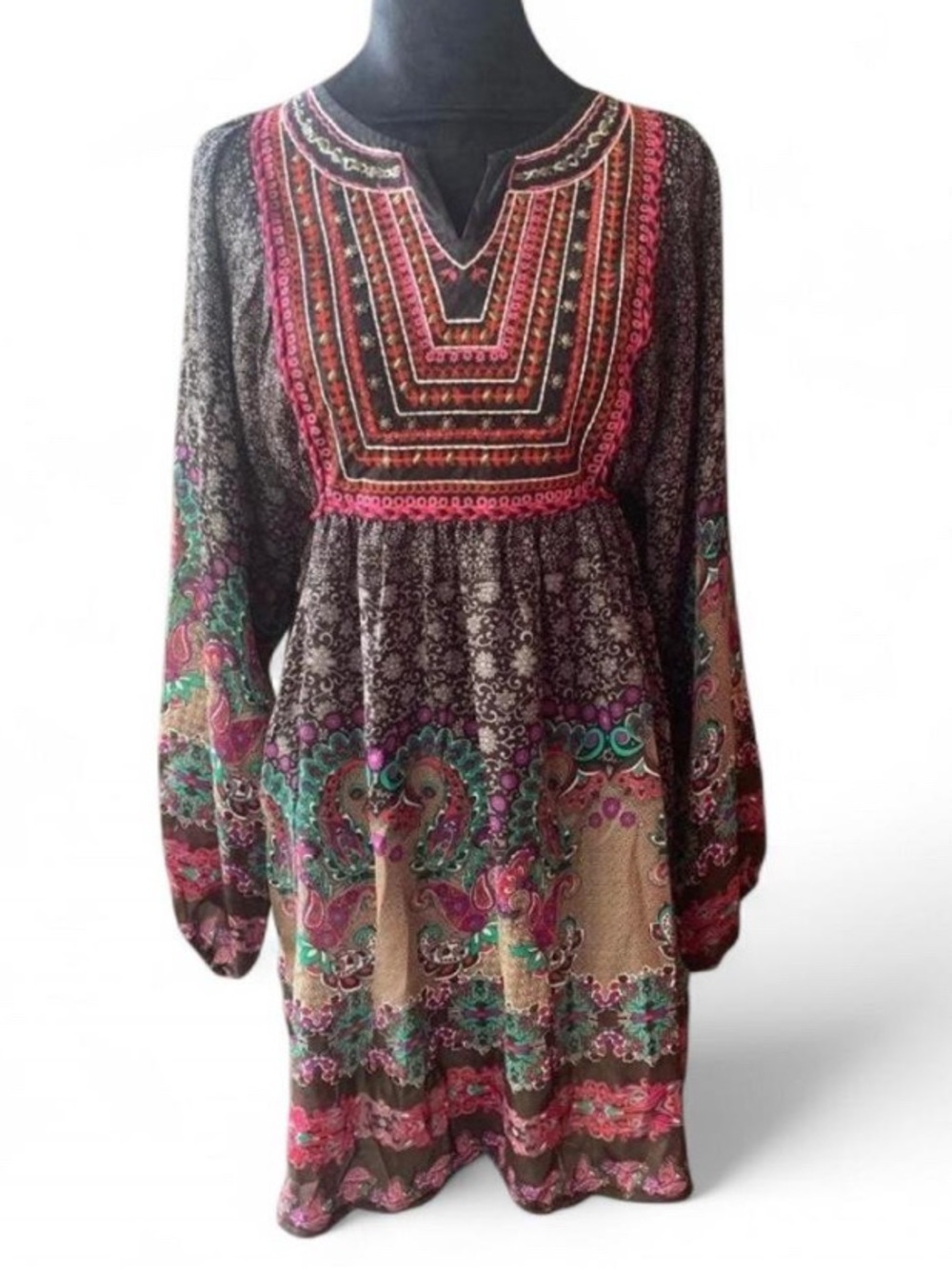 Maximalist Boho Long Sleeve Mini Dress in Rich Colors